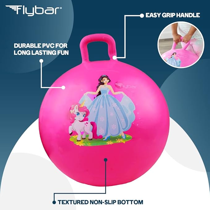 Flybar Hopper Ball for Kids, Inflatable Bouncy Ride-On Ball w/Handle for Indoor & Outdoor Active Play, Includes Pump, Jump Ball Toy for Boys & Girls, Supports Up to 165 lbs, Ages 3+, 18-Inch, Small