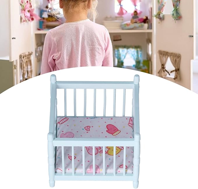 1:12 Scale Wooden Doll House Baby Bed DIY Miniature Doll House Mini Furniture Accessories with Mattress Square Bed Blue Children's Day Gift