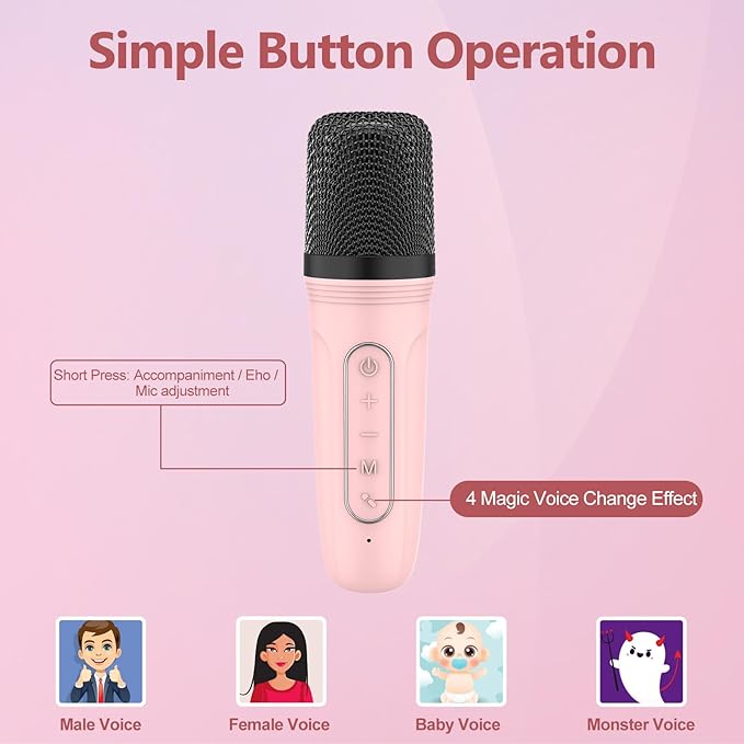 Karaoke Machine for Kids, Portable Bluetooth Speakers with Wireless Microphone Karaoke for Kids and Adults with LED Lights, Gifts for Girls and Boys Birthday Home Party - Pink
