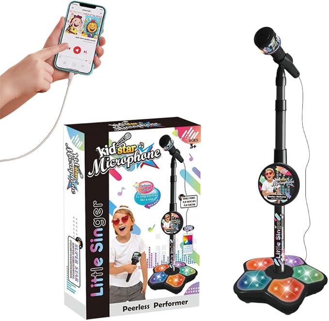 Kids Microphone with Stand, 2026 New All-in-One Microphone Toy, Multifunctional Singing Toy for Birthday Parties, Portable Karaoke Microphone Toy for Kids (Black)
