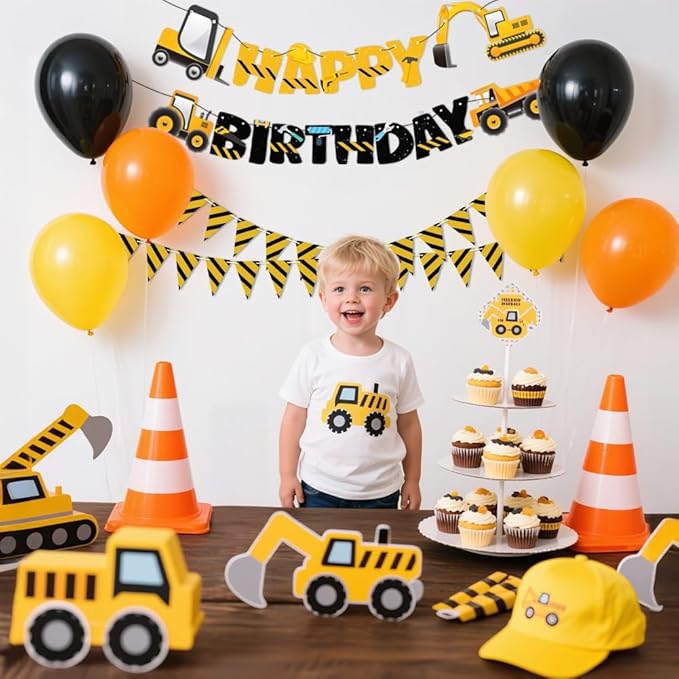 3 Packs Construction Happy Birthday Banner and Construction Pennant Flags Bunting Banner Decorations Construction Birthday Party Supplies for Boys Birthday Party (Construction)