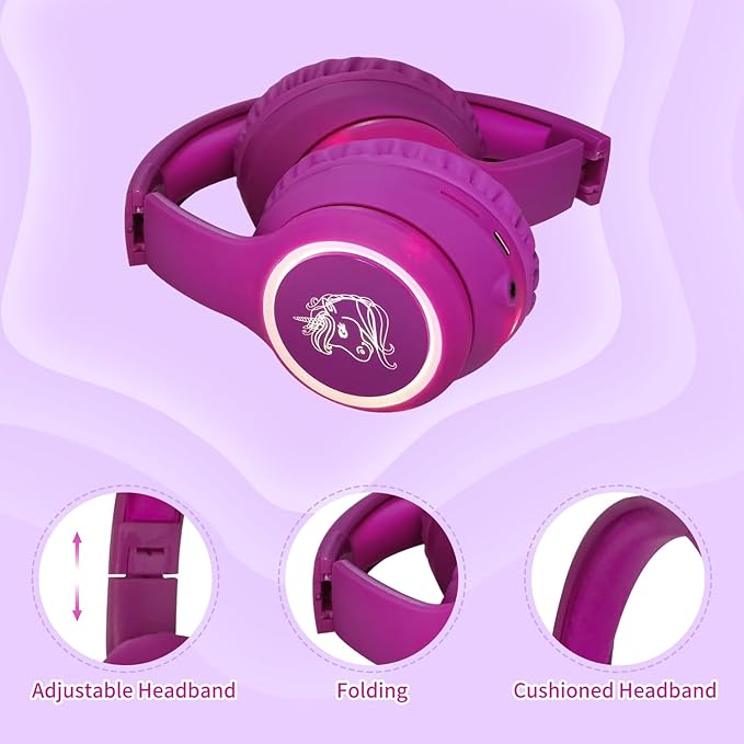 Unicorn Kids Headphones, Unicorn Bluetooth Headphones Foldable for Girls Boys Toddlers Tablet School Travel,Light Up Kids Wireless Headphone Birthday Gifts (Voilet)
