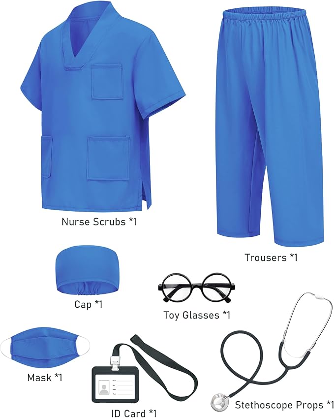 ICECUTE Doctor Costume for Kids Scrubs with Accessories,7Pcs Toddler Halloween Costume for Boy Girls,3-11 Years