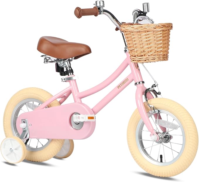 Petimini Vintage Kids Bike for Girls, 12–20 Inch Classic Bicycle with Wicker Basket & Bell, High Tensile Steel Frame, Training Wheels (12–18”), 85% Pre-Assembled, Retro Bike for Outdoor Riding