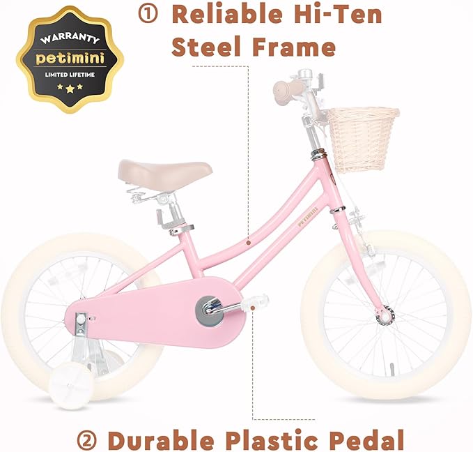 Petimini Vintage Kids Bike for Girls, 12–20 Inch Classic Bicycle with Wicker Basket & Bell, High Tensile Steel Frame, Training Wheels (12–18”), 85% Pre-Assembled, Retro Bike for Outdoor Riding