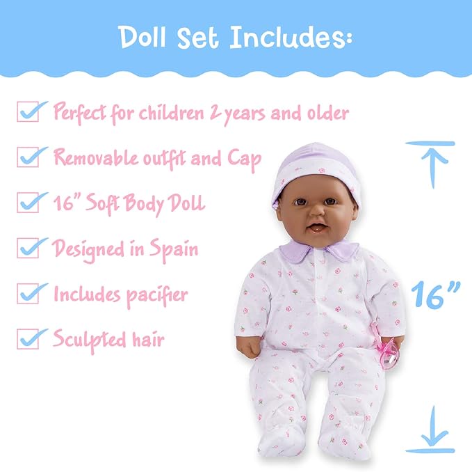 JC Toys Hispanic 16-inch Medium Soft Body Baby Doll La Baby | Washable |Removable Purple Outfit w/Hat and Pacifier | for Children 12 Months +, Hispanic-Purple