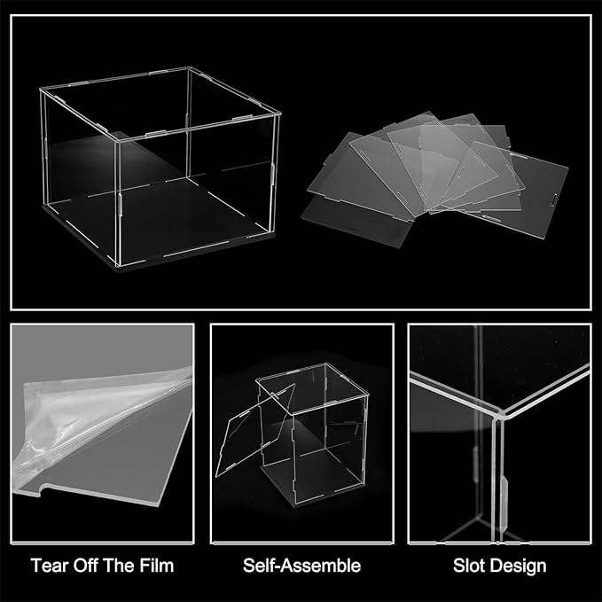 uxcell Acrylic Clear Display Case for Collectibles Self-Assemble Display Boxes, Black Base Dustproof Countertop Storage Box for Collectibles Action Figures, 7.9 x 7.9 x 5.9 Inch
