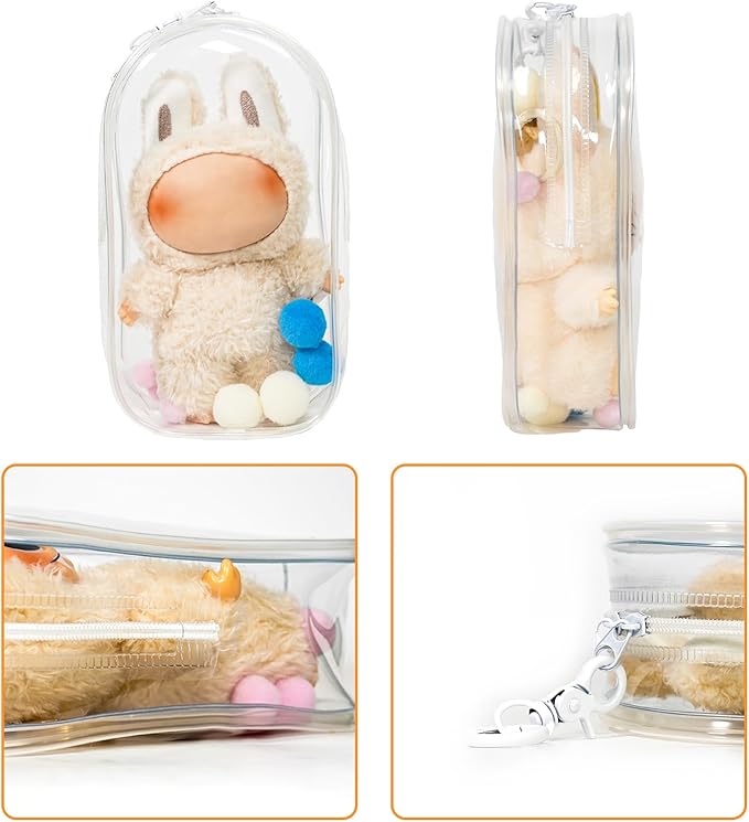 Clear Display & Storage Case for 17cm Doll – PVC Bag with Detachable Keychain for Collectible Toys and Cosmetics, Portable cases for Travel or Home Decor (7 Inches)