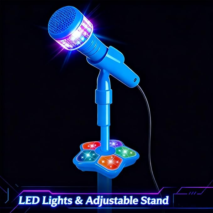 Karaoke Machine Toy with Light, Kids Karaoke Microphone with Stand, Adjustable Stand, Built-in Music, Colorful Lights, and Echo Effects, Birthday for Girls Boys (Pink)