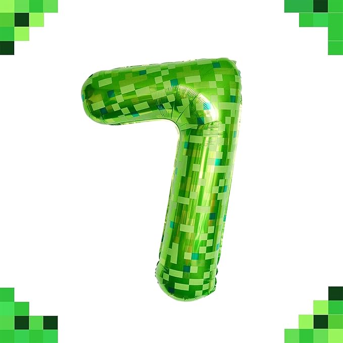 40 Inch Green Pixel Miner Number 7 Foil Balloons Large Mylar Mining Theme 7th Number Balloon Video Game Birthday Decorations Pixel Game Party Supplies