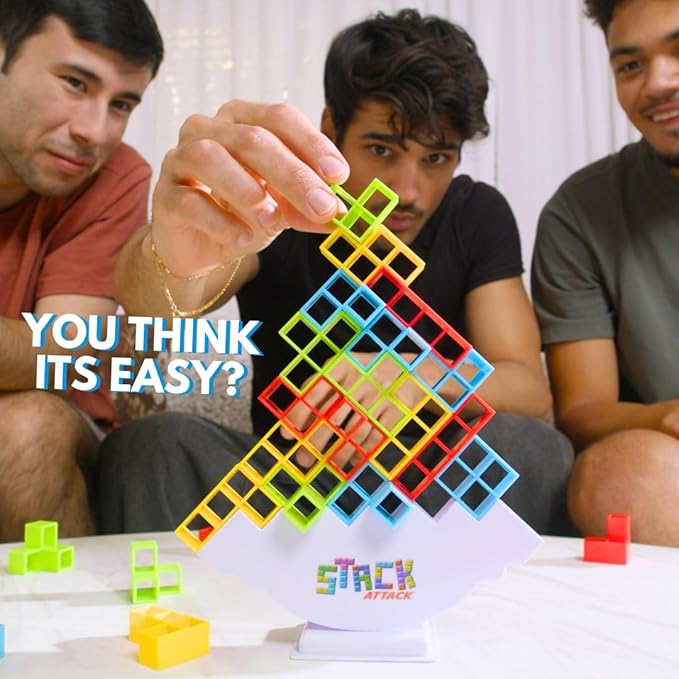Stack Attack Tower Game, Fun Balance Games for Kids & Adults, Family Game Night Building Block and Stacking Gifts, Includes 48 Pcs & 36 Cards, Novelty Toy Gift