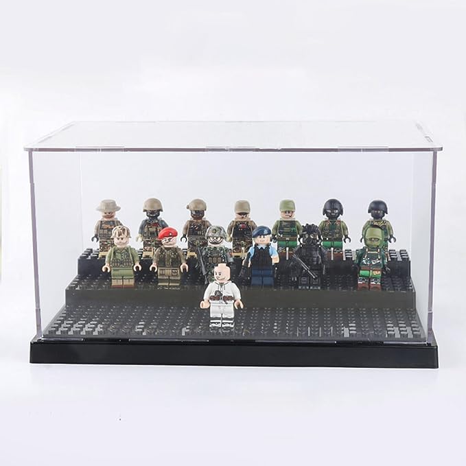 Minifigure Display Case for Action Figures Blocks, Dustproof Acrylic Display Box Storage with 3 Movable Steps for Collection Models Minifigures, Bricks Blocks Toys