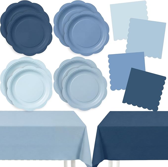 LemonRoad 100 Pcs Dusty Blue Paper Plates and Napkins and Plastic Tablecloth Set, Gradient Blue Disposable Dinner and Dessert Plates Tableware for Birthday Party Wedding Supplies Decoration
