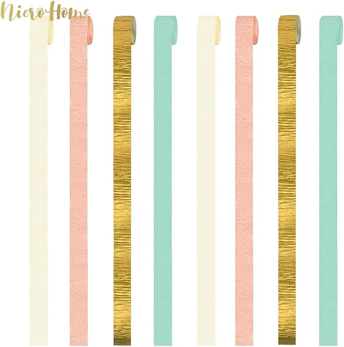 NICROHOME EUR Pastel Party Decorations, 8 Rolls Mint Green Pink White Gold Crepe Paper Streamers for Wedding, Baby Bridal Shower, Engagement Party, Birthday, Valentine's Day, Easter, 82 Ft Long