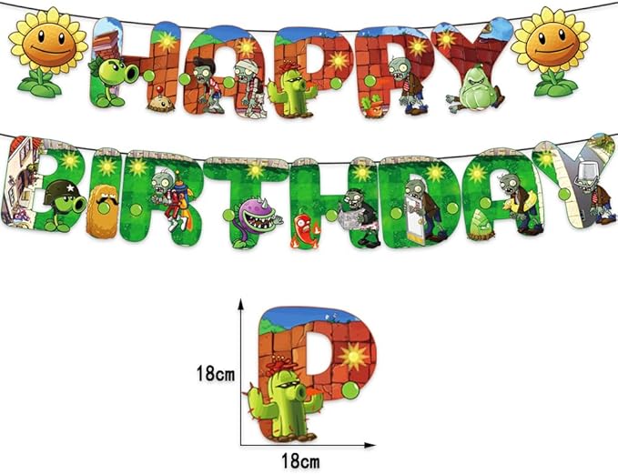 Plant vs. Zom-bies Party Backdrop Party Banner, Cake Topper, Cupcake Topper, Cup Cake Wrappers, Zombies Hanging Swirls and PVSZ Balloons for PVSZ Party Supplies Decorations/Kids Room Decor