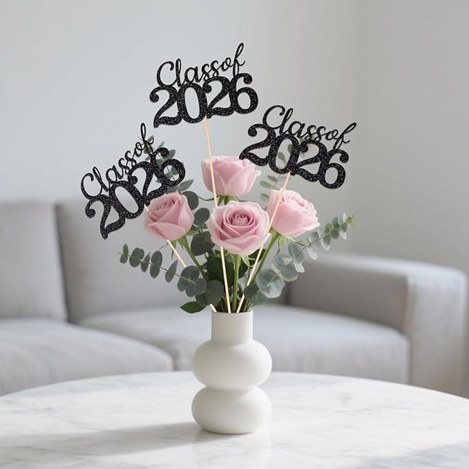 Black Class of 2026 Double-sided Graduation Table Centerpieces, 12 Pcs Grad Party Decorations with Sticks, Graduation 2026 Party Supplies for Table Decor