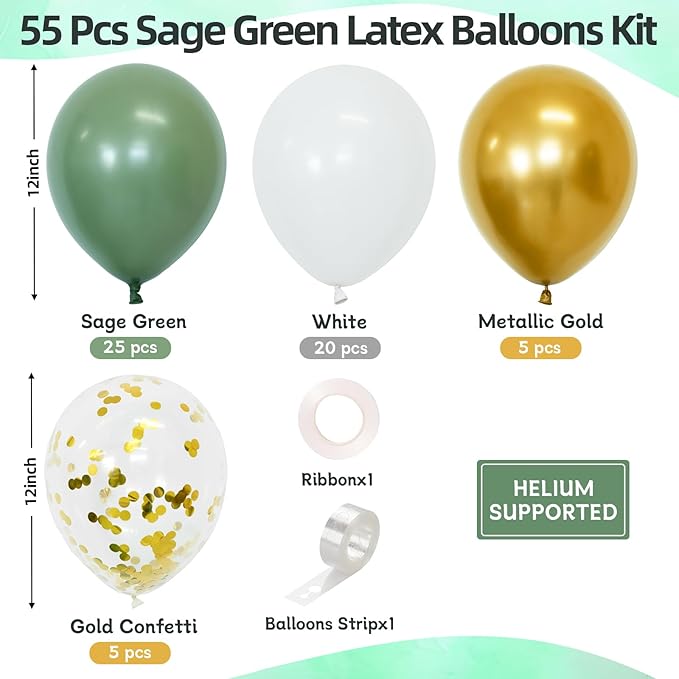 Sage Green Balloons, 60pcs 12inch Sage Green White Metallic Gold Confetti Balloons for Boho Birthday Baby Shower Bridal Shower Wedding Summer Party Decorations