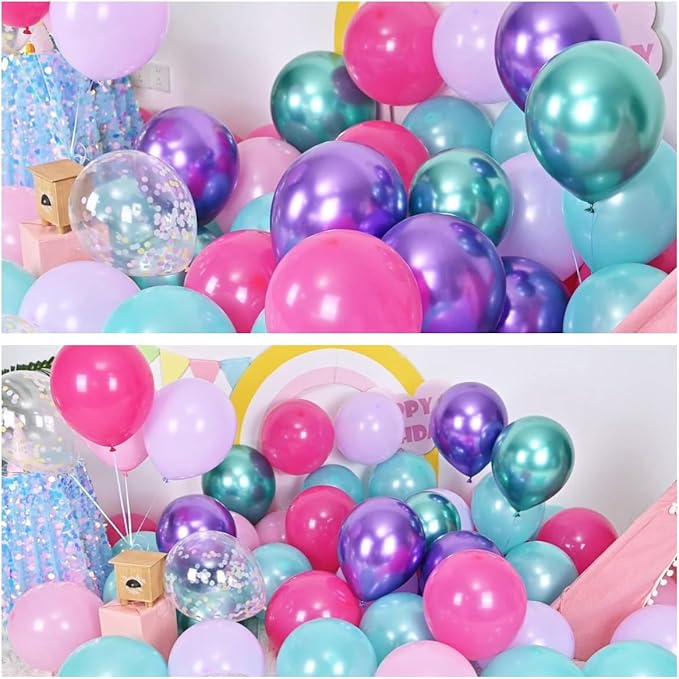 Hot Pink and Purple Balloons, 12 Inch Purple Pink Teal Blue Little Mermaid Balloons, Metallic Purple Green Confetti Balloons for Girls Under The Sea Party Balloons Pink and Purple Birthday Decorations