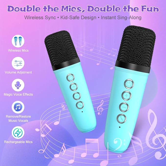 Mini Karaoke Machine for Kids Adults, TOP Toy Gift Bluetooth Karaoke Speaker with 2 Wireless Microphones, LED Party Lights, AUX/USB/TF- Christmas Birthday Gifts for Girls Boys Ages 3-12+, Blue