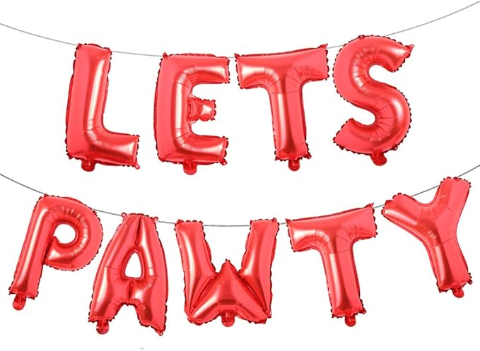 9PCS 16'' Foil Balloon Dog Pet Birthday Lets Pawty Balloons,Happy Birthday Banner for Pet Dog Party Supplies Decoration Set (Red)