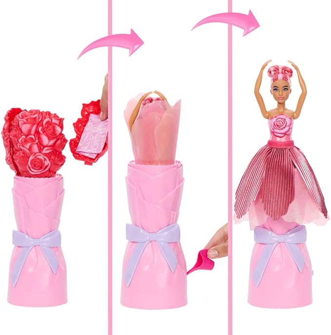 Barbie Petal Pop Scented Doll with Rose Dress & Accessories, Bouquet Reveal with Pet Bunny & Surprises Like Watering Can, Necklace & Earrings
