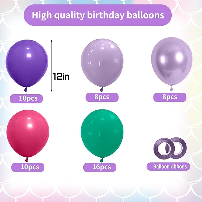 Mermaid Balloons, 50pcs 12inchs Pink Purple Teal Blue Mermaid Birthday Balloons for Girls Princess Birthday Ocean Themed Party Baby Shower Wedding Party Decorations