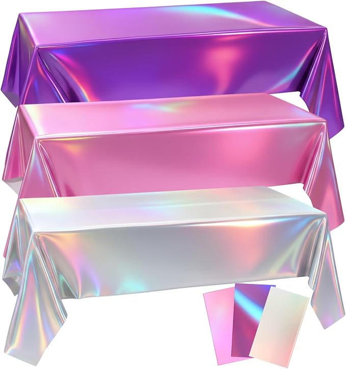 Oudain 3 Pcs Kpop Theme Party Purple & Pink & Silver Iridescent Party Tablecloth 54 x 108 Inch Plastic Rectangle Tablecloth Waterproof Table Cover for Kpop Theme Birthday Decoration