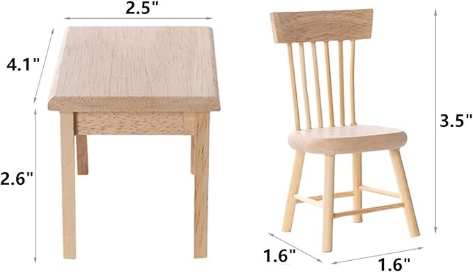 Z MAYABBO Wooden Dollhouse Furniture of Table & Chair, Miniature Dollhouse Accessories of Dining Room Accessory - 1/12 Scale