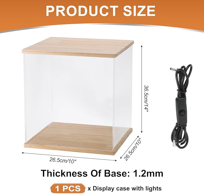 MECCANIXITY Clear Display Case, Acrylic Figure Display Case Clear Display Boxes for Collectibles, Figures Model Toys Home Storage(with Square LED Light, 10x10x15 Inch Wood Base)