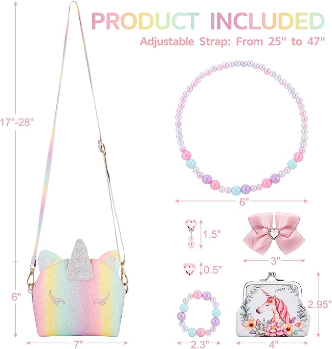 JYPS 7PCS Toddler Purse for Girl, Girls Wallet with Pretend Play Toys, Princess Toys with Kids Dress Up Jewelry Set (Rainbow Unicorn)