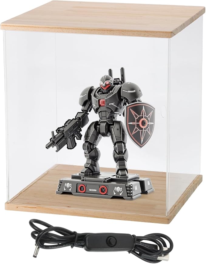 MECCANIXITY Clear Display Case, Acrylic Figure Display Case Clear Display Boxes for Collectibles, Figures Model Toys Home Storage(with Square LED Light, 12x10x21 Inch Wood Base)