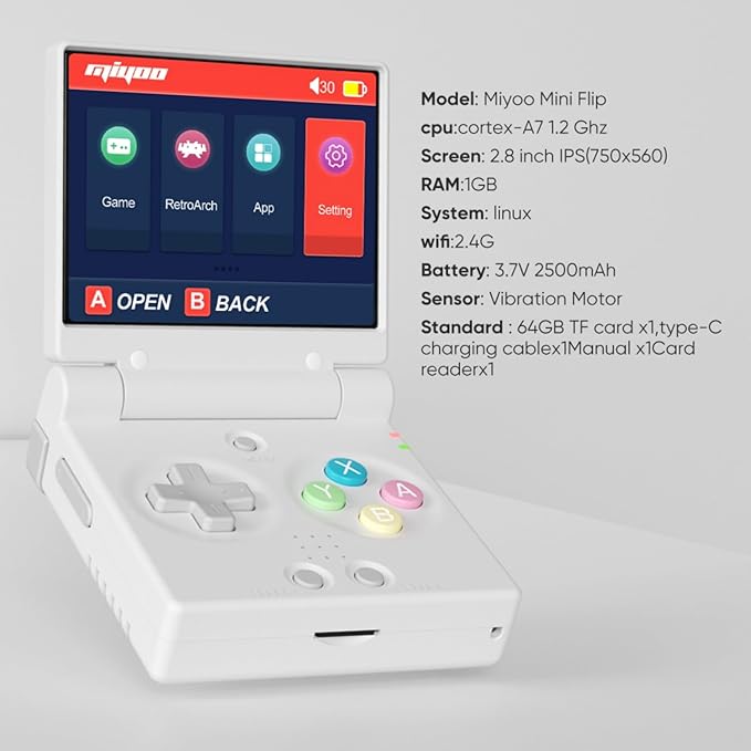 Miyoo Mini Flip Portable Handheld Game Console Portable 2.8-inch 750*560 IPS Screen 2500mAh Miyoo-mini Flip Retro Handheld Clamshell Retro Games Consoles Pink 64GB