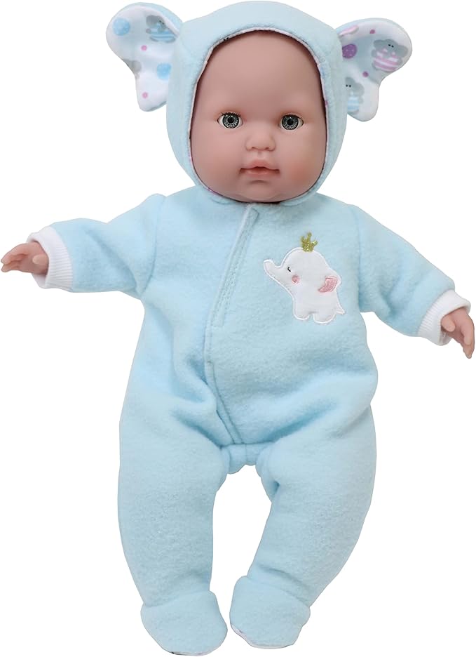 JC Toys | Berenguer Boutique | Baby Doll Outfit | Blue Elephant Themed Hooded Onesie | Ages 2+ | Fits Dolls 14"- 16"