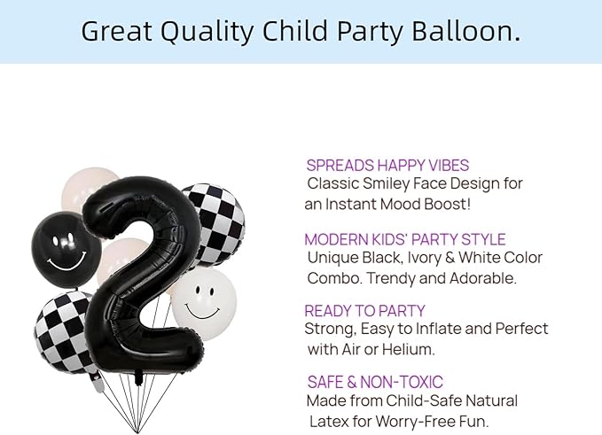 100% LIKED Two Cool Balloon Set, 40” Black Two|Black & White Smiley Face Latex |Checkered Foil for 2 Cool Birthday Decorations, Smiley Face Party Deco, Baby Shower,2nd Birthday Party Supplies
