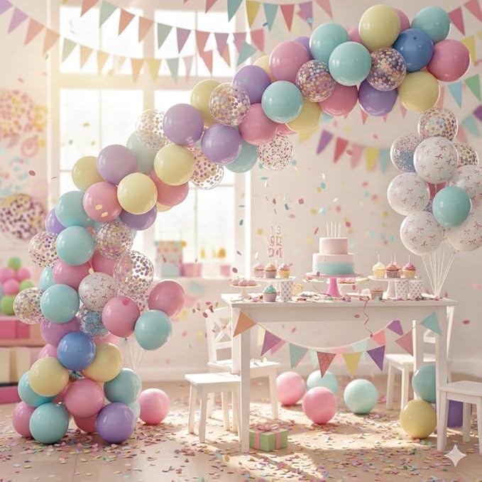 Pastel Bow Balloons Macaron Rainbow Balloon Birthday Decorations, 55 Pcs 12 In Pastel Colorful Pink Bows Print Balloon Blue Purple Yellow Confetti Balloon for Kids Girls Princess Easter Bridal Shower