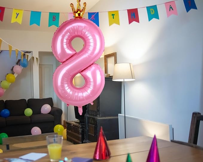 40 Inch Crown Pink Number 8 Balloon, Big Conjoined Baby Foil Mylar Helium Balloon for Girls 8th Birthday Party Decorations Pink Princess Theme Party Supplies Favors Anniversary Decor