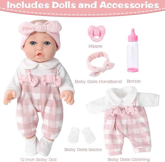 12'' Baby Doll and Clothes Accessories Playset with Feeding Bottle Pacifier First Baby Dolls for Toddlers 36 Months and Up