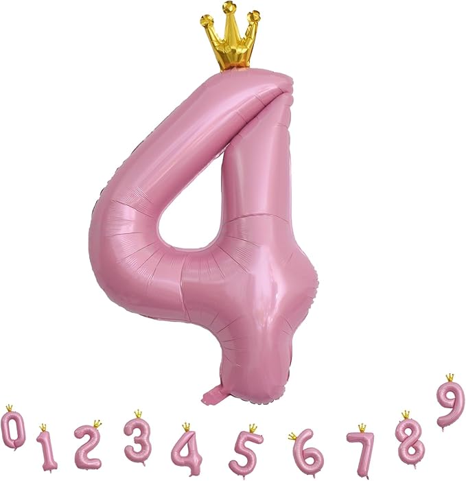 Crown Number Balloons 4 for Kids, Large Pastel Pink Number Balloon 0-9 Set, Foil Self Inflating 40 Inch Balloons for Girls 4th Birthday Party Decor Anniversary New Year Party Decoration Supplies