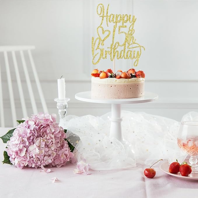 Gold Glitter Happy 15th Birthday Cake Topper - Cheers to 15 Years Cake Topper, 15 & Fabulous Cake Decoration for Hello 15th Birthday Anniversary Party Cake Decorations Supplies