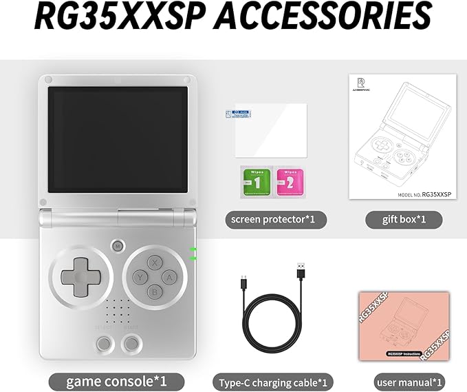 RG35XXSP FILP Retro Handheld Game Console 3.5-inch 640*480 IPS Screen 3300mAh Built-in 64G TF Card Supports Multiple Simulators Linux System with Screen Protector Silver
