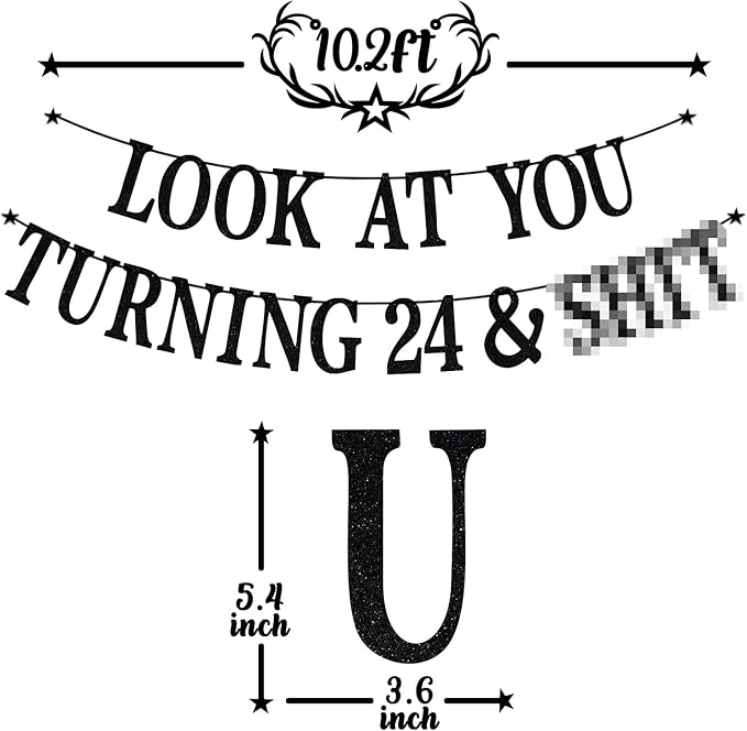 Black Glitter Look at You Turning 24 & Sh*t Banner, Happy 24th Birthday/Level 24 Unlocked/Cheers to 24 Years, Funny 24th Birthday Party Decorations Supplies