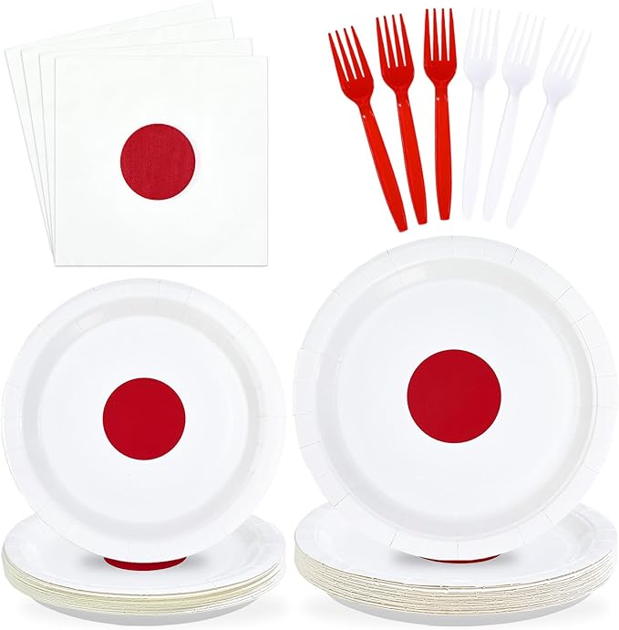 96Pcs Japan Flag Party Decorations Hibachi Asian Japanese Style Plates and Napkins Hinomaru Flag Tableware Set for Japan Themed Party Supplies，Serves 24