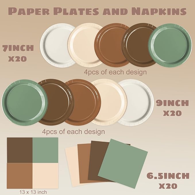 Oigco Woodland Baby Shower Decorations - 60 PCS Brown Sage Green Neutral Forest Animal Brown Plates and Napkins for Safari Jungle Baby Shower Decorations