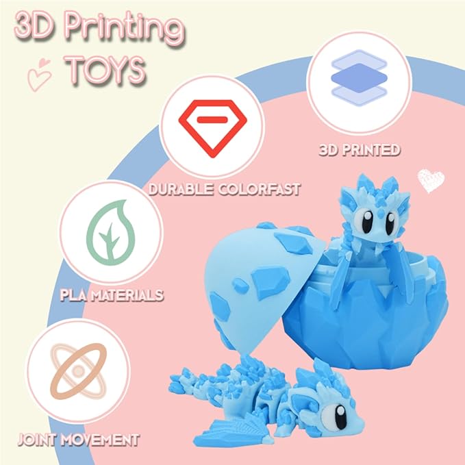 3D Printed Crystal in Egg – Articulated Ice Dragon Figure with Detailed Eggshell – Fantasy Collectible (Blue 1 Dragon and 1 Egg)