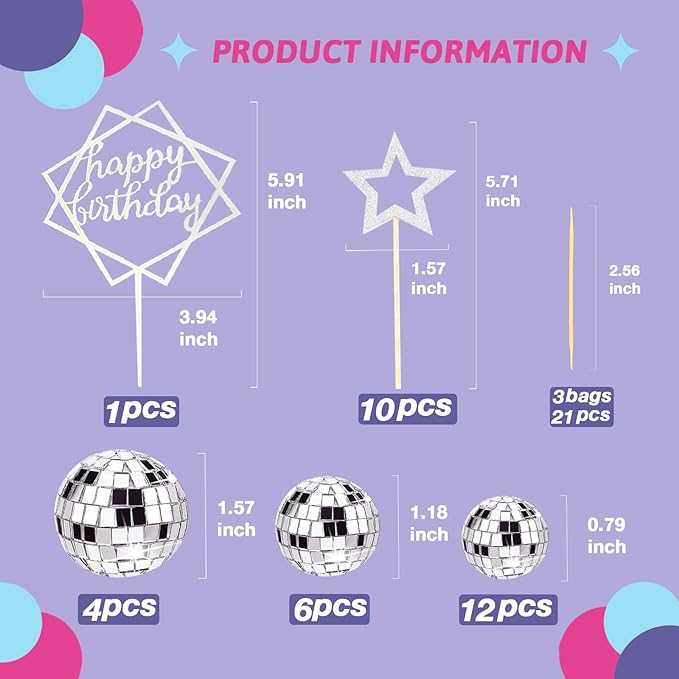 33Pcs Disco Ball Cake Toppers Silver Disco Balls Cake Decorations with Mirror Balls Happy Birthday Cake Topper and Star Cake Toppers for 70s 80s Disco Music Dance Themed Party Decorations Supplies