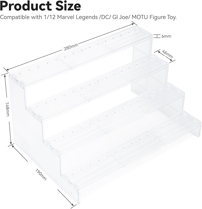 6 inch Acrylic Riser Display Shelf,Clear Action Figures Stands With PEG,4 Tier Toy Collectibles Organizer Compatible with 1/12 Scale Action Figure Toy (Fit For 6 inch Figure Toy-Clear)