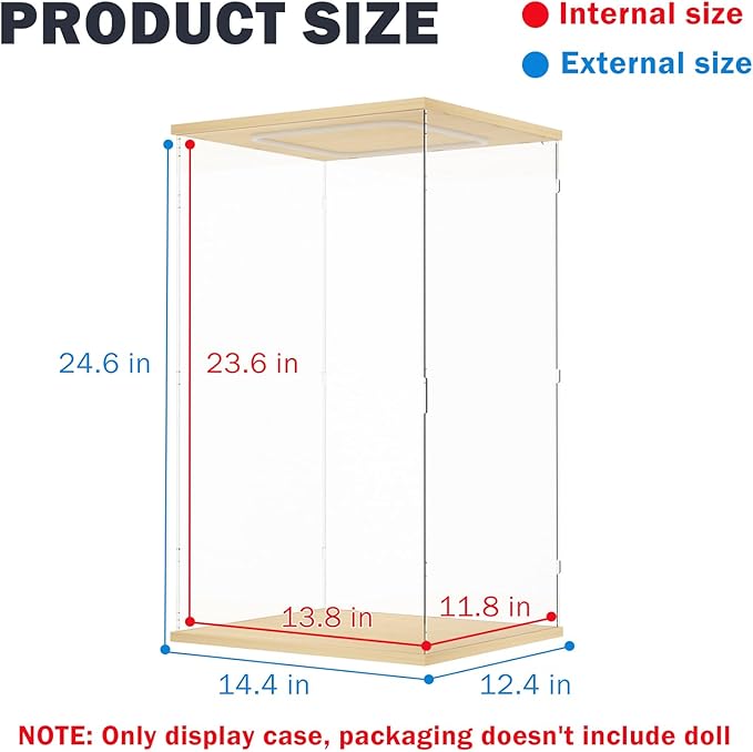 Nynelly Acrylic Display Case for Zimomo Labubu with Light, Clear Display Box for Large Collectibles Doll, Assemble Dustproof LED Showcase Storage Box with Door & Wooden Base, 13.8x11.8x23.6in