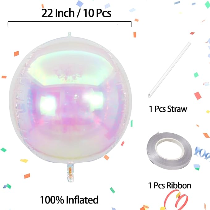 KALOR 10 Pcs 22 Inch Iridescent Mylar Balloons, Large 4D Giant Round Foil Balloon Big Mirror Metallic Balloons for Birthday Party Baby Shower Gender Reveal Supplies