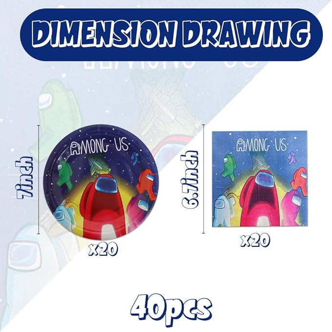 40pcs Among Birthday Party Decoration include Napkins,Plates, for Among Birthday party Supplies