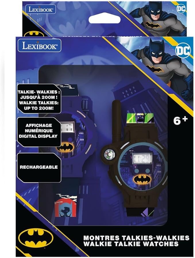 LEXiBOOK, Batman, Walkie-Talkie Watches, 2 Pieces, Range up to 200m, Flashlight, Compass, Rechargeable, Black/Green and Blue/Red, DMWTW1BAT
